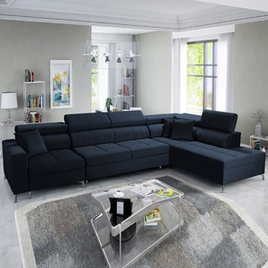 Narożnik z funkcją spania Nausa X granatowy prawostronny narożnik z dwoma pojemnikami na pościel wykonanie z tkaniny typu velvet