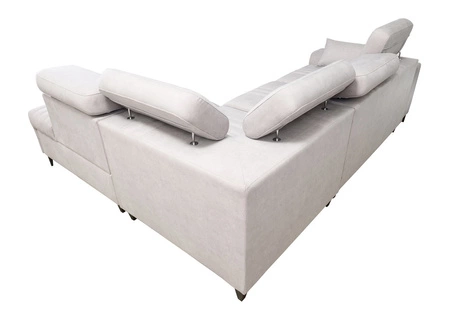 Narożnik z funkcją spania Castel VII brązowy prawostronny stylowy narożnik z pojemnikiem na pościel i regulowanymi zagłówkami