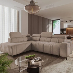 Narożnik z funkcją spania Castel VII jasny brąz lewostronny stylowy narożnik z pojemnikiem na pościel i regulowanymi zagłówkami