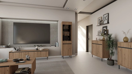 Witryna Osaka 56 cm dąb evoke / czarna elegancka witryna do salonu o minimalistycznym designie gustowny ryflowany front szkło hartowane