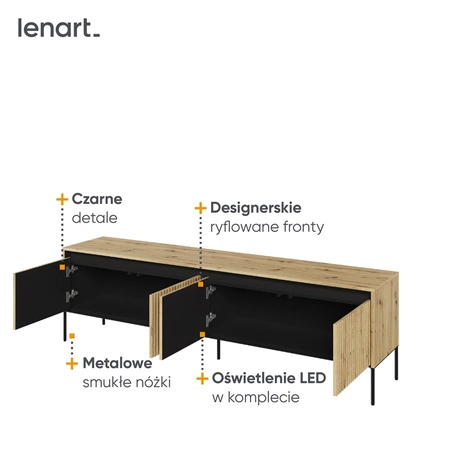 Szafka RTV Trend 193 cm dąb artisan nowoczesna szafka pod telewizor z metalową podstawą ryflowane fronty subtelne oświetlenie LED