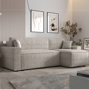 Narożnik z funkcją spania Brandon Bis kremowy prawostronny miękka tkanina o charakterystycznej pętelkowej powierzchni pojemnik na pościel