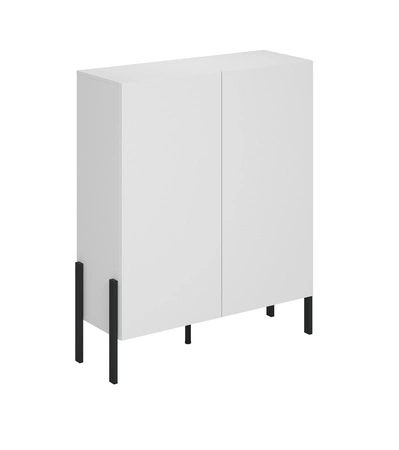 Komoda wysoka Jukon 114 cm biała wyjątkowy subtelny design doskonała komoda do salonu sypialni lub biura system push to open czarne nogi