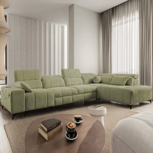 Narożnik z funkcją spania Penejos XI oliwkowy prawostronny wygodny narożnik z regulowanymi zagłówkami i dwoma pojemnikami na pościel