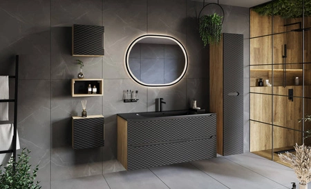 Słupek łazienkowy wiszący Ocean 35 cm dąb olejowany / czarny nowoczesna szafka z designerskim ryflowaniem stylowe frezowane uchwyty