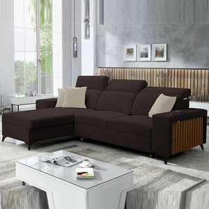 Narożnik z funkcją spania Kelly brązowy lewostronny pleciony komfort i funkcjonalność bok narożnika wykończony lamelami