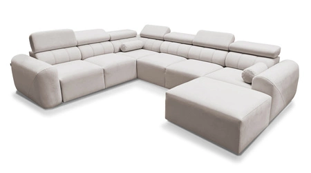 Narożnik z funkcją spania Cantare VIII łososiowy prawostronny gustowny narożnik z regulowanymi zagłówkami pojemniki na pościel