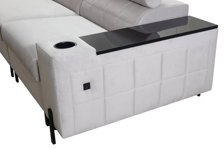 Narożnik z funkcją spania Belvi II brązowy prawostronny elegancki i ergonomiczny narożnik do salonu praktyczny schowek w boczku