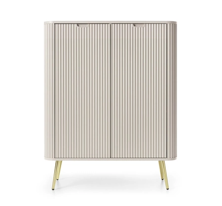 Komoda Zoya 103 cm beżowa elegancki design owalny kształt bryły osadzony na złotych metalowych nogach gustowny ryflowany front