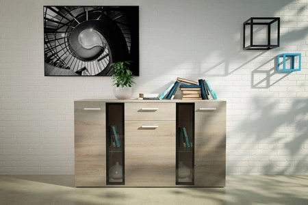 Komoda z szufladą Senja 140 cm dąb sonoma jasny nowoczesny design mebla obrzeża komody wykończone specjalną okleiną ABS
