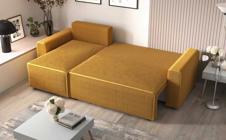 Narożnik z funkcją spania Brandon Bis patynowy lewostronny trójwymiarowa tkanina o wyrazistych prążkach pojemnik na pościel