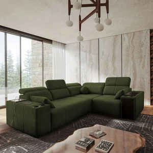 Narożnik z funkcją spania Tesalia II zielony prawostronny komfortowy narożnik do salonu z przesuwanym oparciem pojemnik na pościel