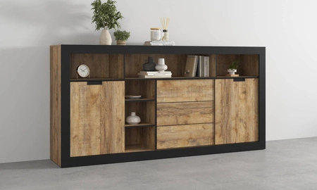 Komoda z szufladami Tudor 220 cm dąb samdal / czarny z drzwiami przesuwnymi funkcjonalna i pojemna komoda bezuchwytowy system push to open