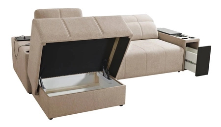 Narożnik z funkcją spania Tesalia miętowy lewostronny nowoczesny design komfortowe przesuwane oparcie szuflada w boczku mebla