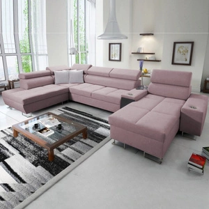 Narożnik z funkcją spania Dafni V lawendowy róż prawostronny pleciony wygodny i komfortowy narożnik z regulowanymi zagłówkami