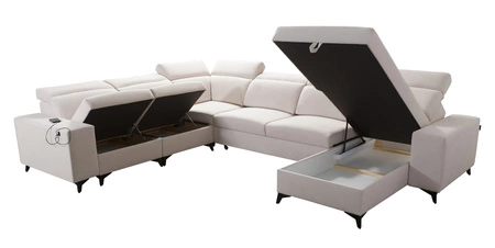 Narożnik z funkcją spania Kelly Sleek VIII arktyczny błękit prawostronny stylowy narożnik do salonu zapewnia komfort podczas wypoczynku