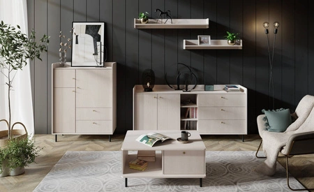 Zestaw mebli Ferdi beż piaskowy minimalistyczny design meblościanki do salonu złote uchwyty korpusy wysunięte ponad linię blatów