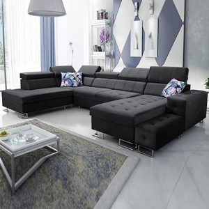 Narożnik z funkcją spania Hampton VI czarny prawostronny funkcjonalny narożnik do salonu z ruchomą dostawką oraz półką