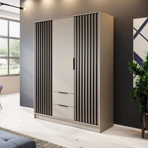 Szafa Aspen 155 cm beżowa / czarne lamele nowoczesny design mebla drzwi szafy ozdobione lamelami