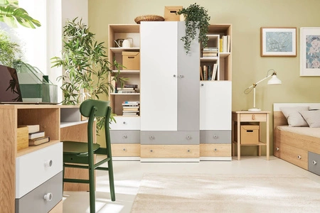 Szafa Pixel 80 cm dąb biszkoptowy / biała / szara idealna do pokoju młodzieżowego funkcjonalna szafa z szufladami