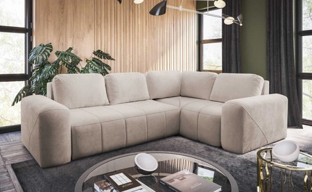 Narożnik z funkcją spania Bovec II beżowy prawostronny komfortowy narożnik rozkładany o stylowym charakterze pojemnik na pościel