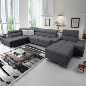 Narożnik z funkcją spania Dafni V grafitowy prawostronny pleciony wygodny i komfortowy narożnik z regulowanymi zagłówkami