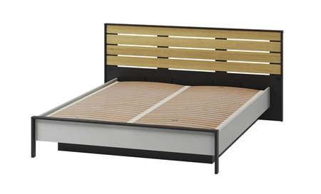 Łóżko Gris 160x200 cm szary / czarny / dąb natura komfortowe łóżko do sypialni z pojemnikiem zagłówek wzbogacony o oświetlenie LED