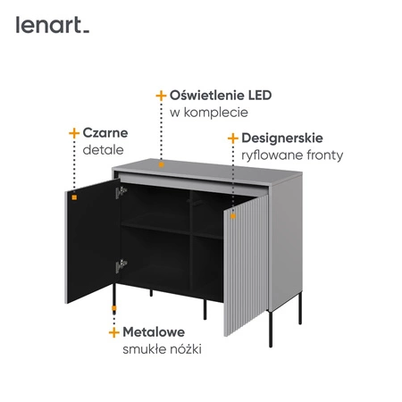Komoda Trend 98 cm szara funkcjonalna komoda do salonu o oryginalnym designie ryflowane fronty z subtelnym oświetleniem