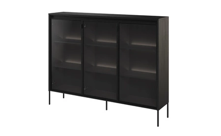 Komoda Trend 150 cm czarna designerski przeszklony front klimatyczne oświetlenie w postaci paska led pod górnym blatem