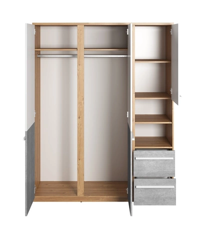 Zestaw mebli Plano dąb nash / biały / beton stylowy komplet mebli do pokoju młodzieżowego z szafą na ubrania oraz wygodnym łóżkiem