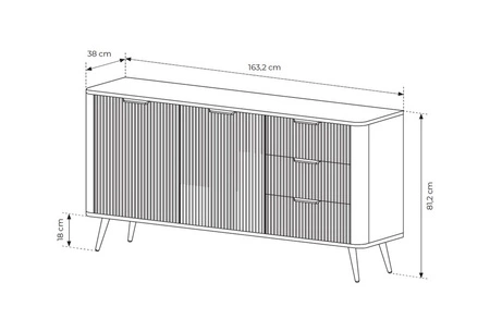 Komoda z szufladami Lante 163 cm beżowa gustowna komoda z ryflowanymi frontami wsparta na wysokich skośnych nogach stylowe uchwyty
