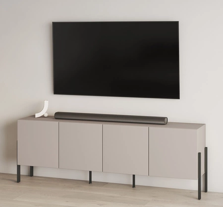 Szafka RTV Jukon 204 cm beżowa elegancka forma mebla w nowoczesnym stylu system otwierania push to open metalowe czarne nogi
