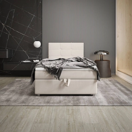 Łóżko kontynentalne Fresno 90x200 beżowe w nowoczesnym skandynawskim stylu z tapicerowanym zagłówkiem łóżko z pojemnikiem