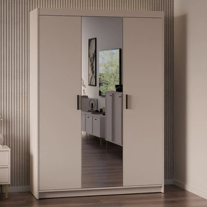 Szafa z lustrem Rene 133 cm beż piaskowy pojemna szafa do sypialni podkreślona naturalną kolorystyką stylowe czarne uchwyty