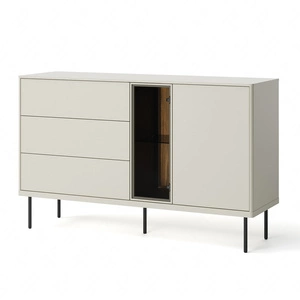 Komoda z szufladami Epiro 134 cm beżowy / dąb ciemny wyjątkowy design komoda z eleganckim przeszklonym frontem i oświetleniem LED