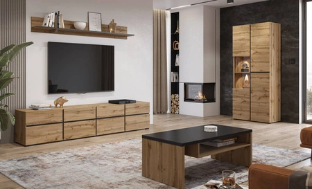 Witryna Cross 79 cm dąb wotan stylowa witryna do salonu o geometrycznym kształcie bezuchwytowe fronty nowoczesny design