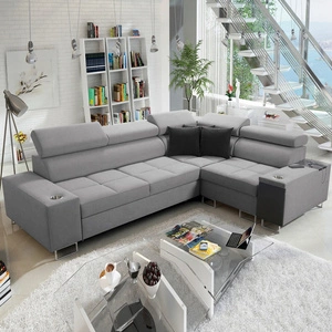 Narożnik z funkcją spania Dafni II szary prawostronny pleciony narożnik z pojemnikiem na pościel szuflada z pełnym wysuwem w boczku