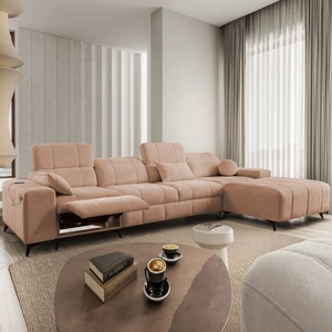 Narożnik z funkcją spania Penejos XII Lux łososiowy prawostronny stylowy narożnik rozkładany z komfortowym wysuwanym podnóżkiem