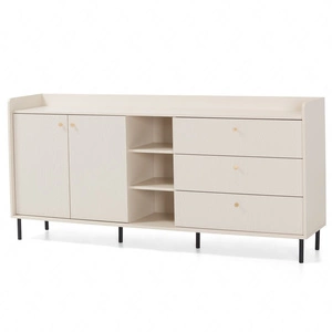 Komoda z szufladami Ferdi 194 cm beż piaskowy elegancki design wysokie ranty blatu fronty komody wzbogacone złotymi uchwytami