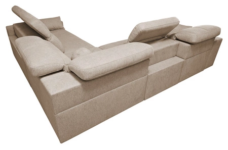 Narożnik z funkcją spania Tesalia III niebieski lewostronny komfortowy narożnik z przesuwanym oparciem dwa pojemniki na pościel