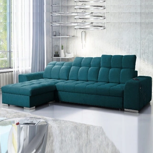 Narożnik z funkcją spania Luigi turkusowy lewostronny narożnik z dwoma pojemnikami na pościel tkanina o ciekawej strukturze