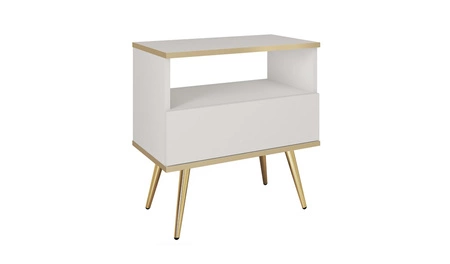 Szafka nocna z szufladą Luxury biała elegancki design korpus zwieńczony złotą listwą szafka wsparta na wysokich metalowych nogach