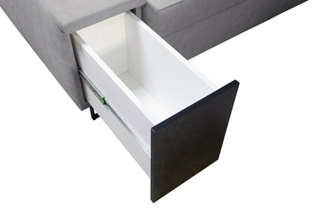 Narożnik z funkcją spania Alcamo III beżowy / biały prawostronny funkcjonalny narożnik z szufladą w boczku dwa pojemniki na pościel