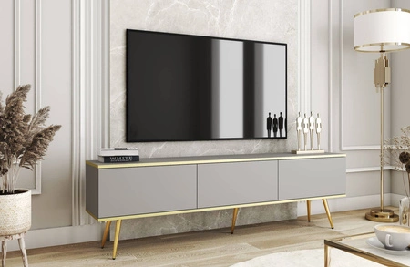Szafka RTV Luxury 175 cm szara elegancki design korpus zwieńczony złotą listwą szafka wsparta na złotych metalowych nogach