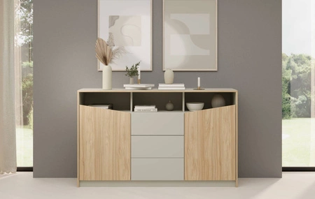 Komoda z szufladami Atson 145 cm szarobeżowy / dąb olejowany stylowa komoda do salonu z pojemnymi szufladami oryginalny kształt frontów