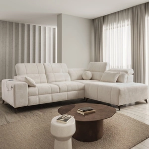 Narożnik z funkcją spania Penejos VII kremowy prawostronny stylowy narożnik z pojemnikiem na pościel wygodne regulowane zagłówki