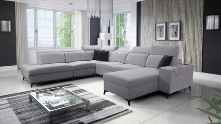 Narożnik z funkcją spania Kelly Sleek X szary popiel prawostronny niezwykle elegancki narożnik do salonu z regulowanymi zagłówkami