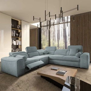 Narożnik z funkcją spania Viano III Lux szary błękit lewostronny nowoczesny narożnik z wysuwanym podnóżkiem pojemnik na pościel