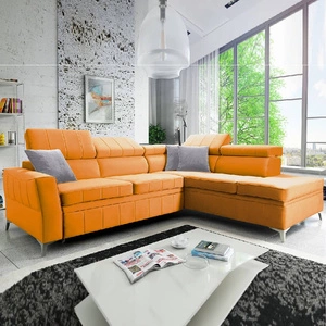 Narożnik z funkcją spania Rava III żółty prawostronny velvet komfortowy narożnik z regulowanymi zagłówkami i pojemnikiem na pościel