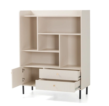 Regał Ferdi 104 cm beż piaskowy ciekawy design stylowy regał z szufladami i zamykaną szafką wysokie ranty blatu